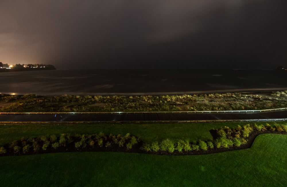 View of the storm as night from our ocean-view room balcony at The Beach Club Resort in Parksville