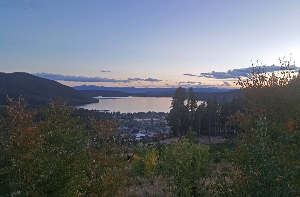 View of Grand Lake including Downtown Grand Lake from a cliff nearby