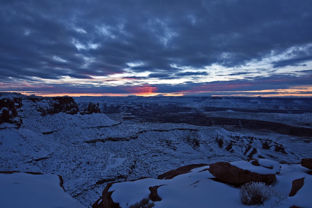 Sunset at the Rim-Walk Trail in Canyonlands in winter