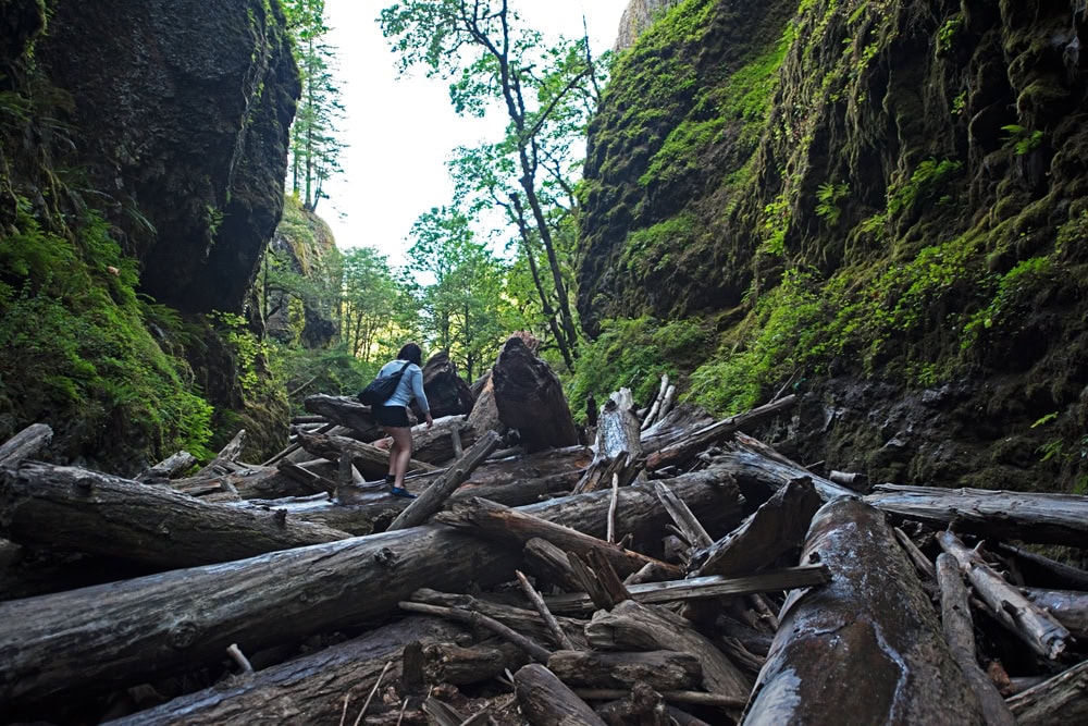 Brooke climbing over the log jam during our hike in Oneonta Gorge