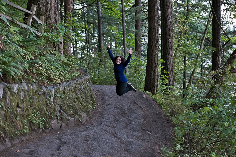 Brooke jumping as we near the end of the 11 switchbacks on the Multnomah-Wahkeena trail