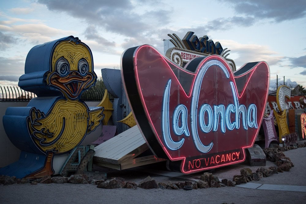 Giant Yellow Duck Neon Sign and LaConcha Hotel Neon Sign at the Neon Museum in Las Vegas