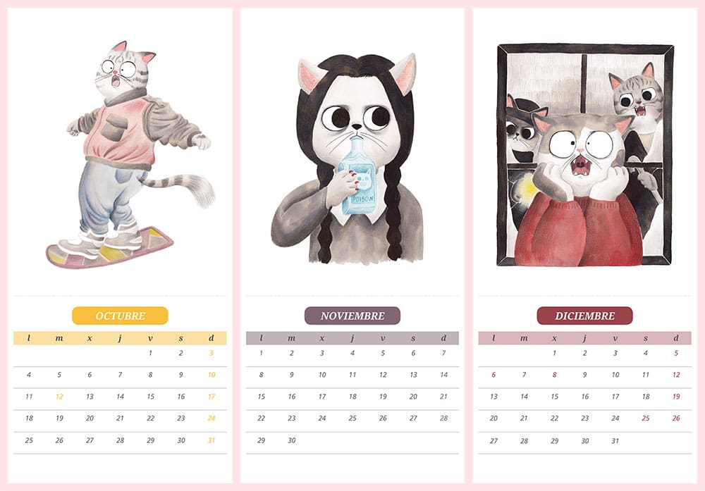 Calendario de gatos 2021, gatos de cine, ilustraciones de gatos, Regreso al futuro 2, Marty McFly, aeropatín, La Familia Addams, Miércoles Addams, Solo en casa, Makaulay Culkin,