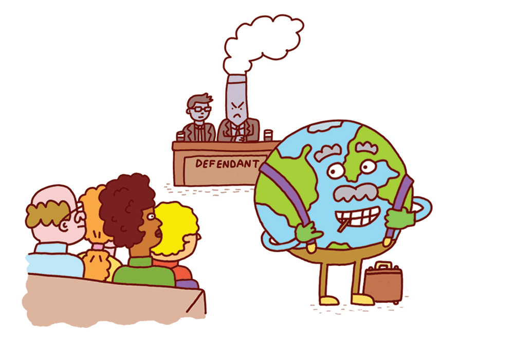 An illustration depicting an environmental lawyer defending the environment from polluters
