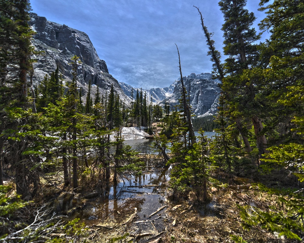 The Loch with mountains and trees surrounding it.