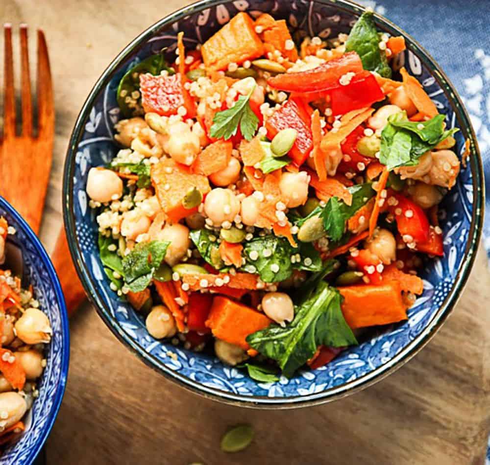 Sweet Potato Chickpea Salad In A Blue Bowl