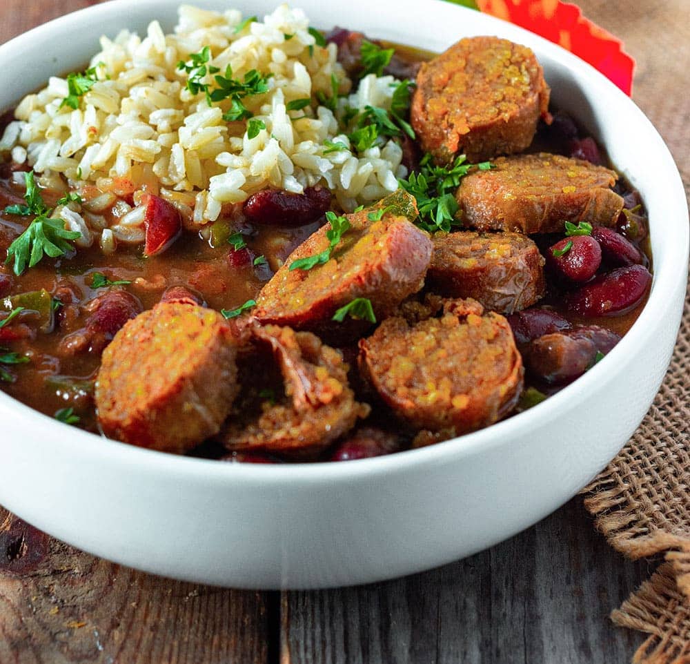 Easy red beans and rice, in a white bowl