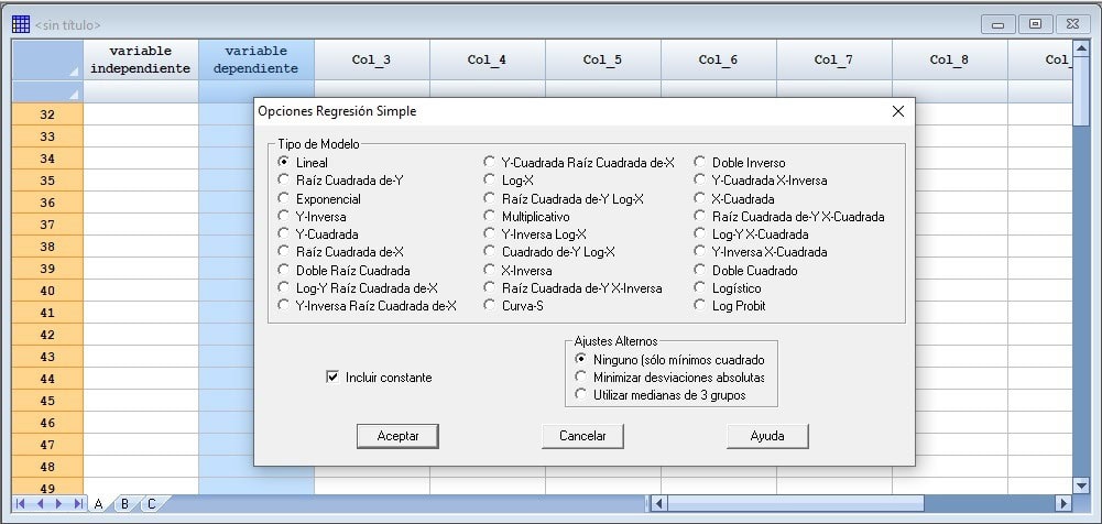 Opciones de la regresión simple