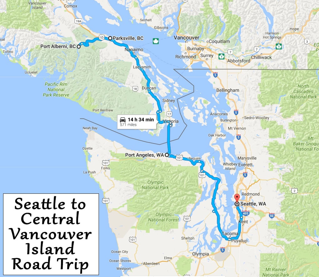 MAp infographic showing our route from Seattle to Port Alberni, BC, which took 14 hours and 35 minutes