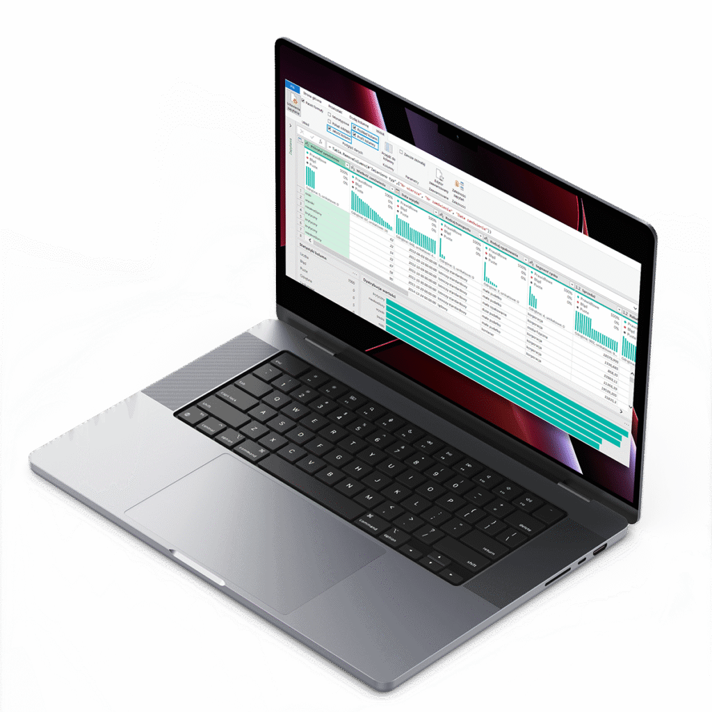 Laptop na ciemnym tle wyświetlający arkusz Excel z zielono-białym formatowaniem komórek Laptop na ciemnym tle wyświetlający arkusz Excel z zielono-białym formatowaniem komórek