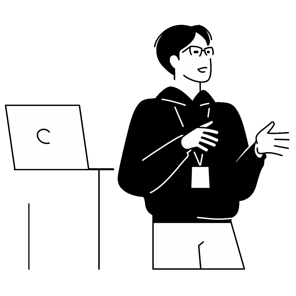 PowerPoint: ilustracja prezentera przy stoliku z laptopem, gestykulującego podczas wystąpienia PowerPoint: ilustracja prezentera przy stoliku z laptopem, gestykulującego podczas wystąpienia
