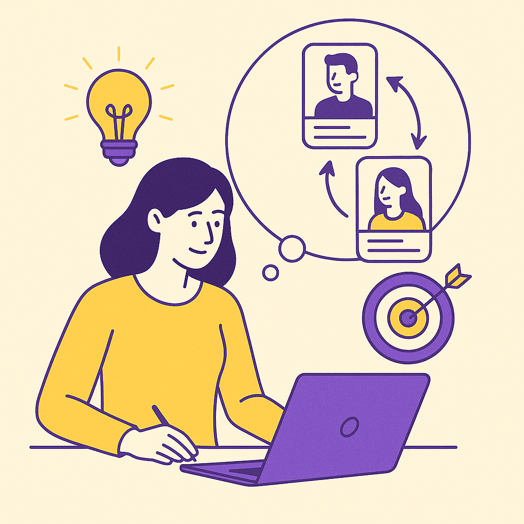 Illustration en flat design montrant une professionnelle RH analysant les trajectoires de talents sur son ordinateur, avec une bulle affichant des profils reliés par des flèches.