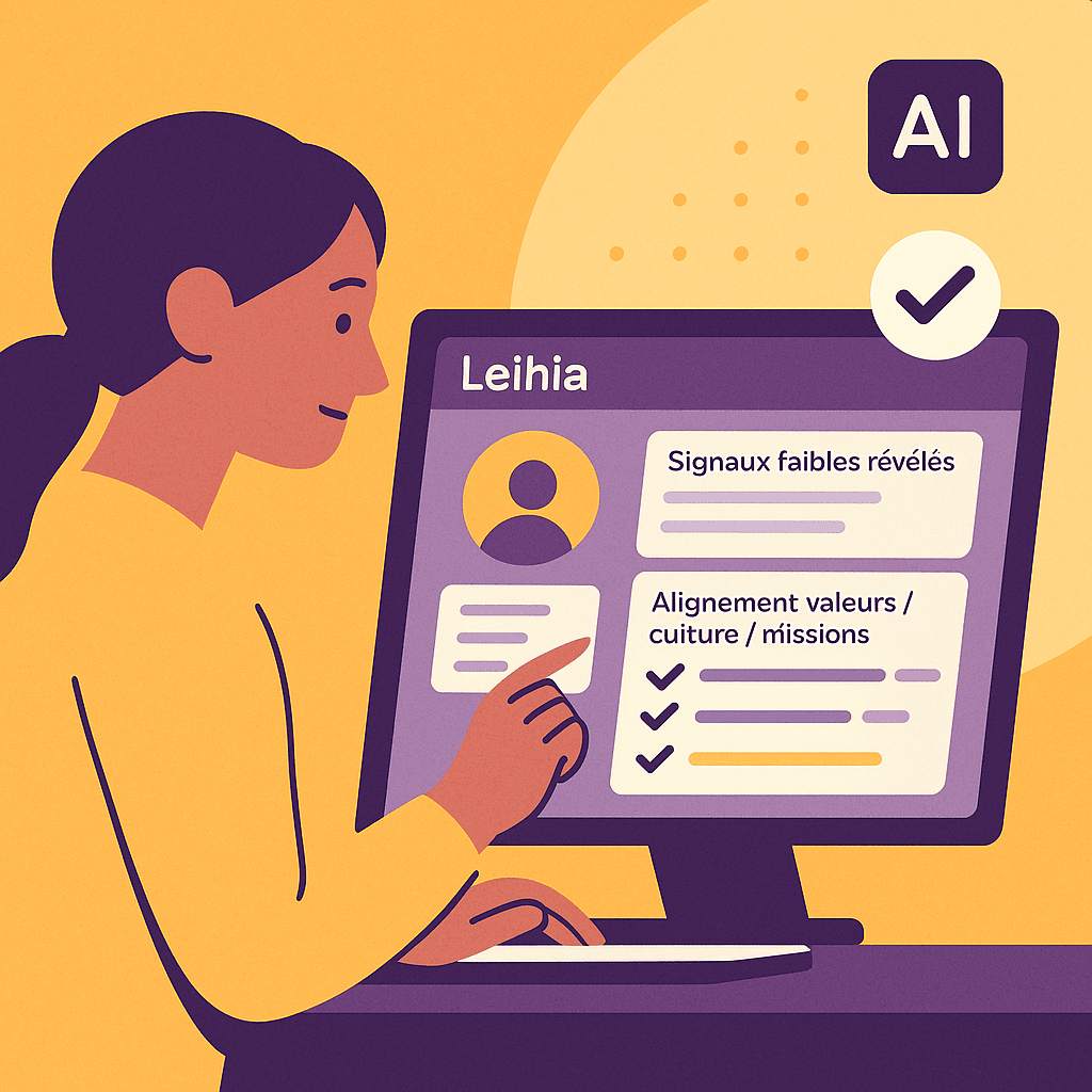 Illustration d’une RH utilisant l’ATS Leihia, affichant sur l’écran la révélation des signaux faibles et l’alignement valeurs-culture-missions, dans les couleurs jaune et violet Leihia.