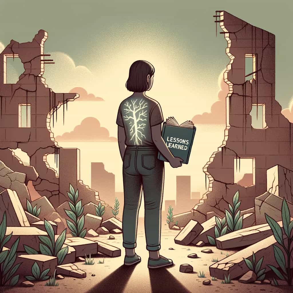 Illustration of a person standing amidst the ruins of a broken structure, symbolizing challenges faced. In their hand, they hold a book titled 'Lessons Learned'. The surroundings show signs of regrowth and renewal, with plants sprouting from cracks. On their skin, subtle scars glow, representing past disappointments, but also their resilience.
