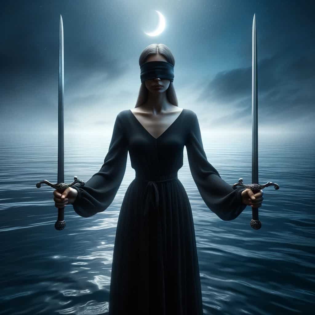 Photo of a blindfolded woman standing on the edge of a calm body of water, holding two evenly balanced swords, one in each hand. The swords gleam under the light of a crescent moon, representing intellect and rational thought. The waters behind her symbolize deep emotions, and the moonlight provides subtle illumination, hinting at hidden influences on her decisions.