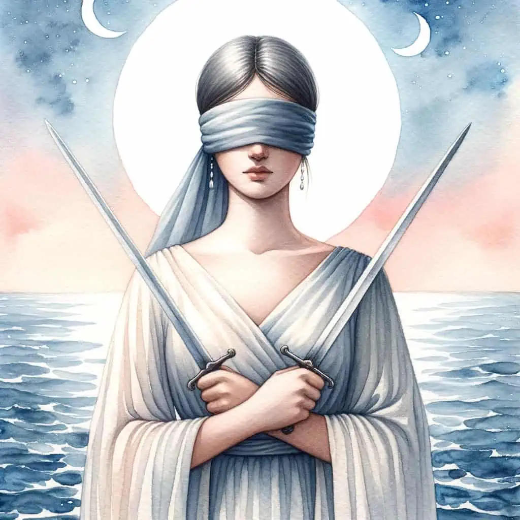 Watercolor painting of a woman with a blindfold, standing with determination. She holds two swords evenly, embodying the balance of thought and emotion. The peaceful waters in the background and the crescent moon above speak to the deep feelings and hidden aspects that influence our decisions.