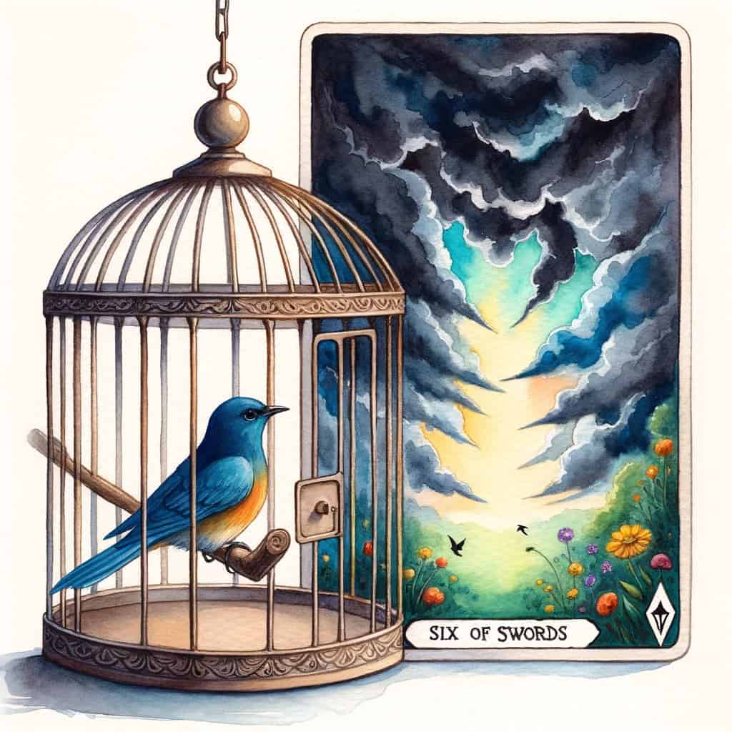 Watercolor painting of a birdcage with an open door. Inside, a bird hesitates to fly out, symbolizing resistance to change. Outside the cage, the world is vibrant and inviting, but dark clouds loom, indicating fears and challenges. The Six of Swords card reversed is subtly painted in the sky, serving as a reminder to embrace change for growth.