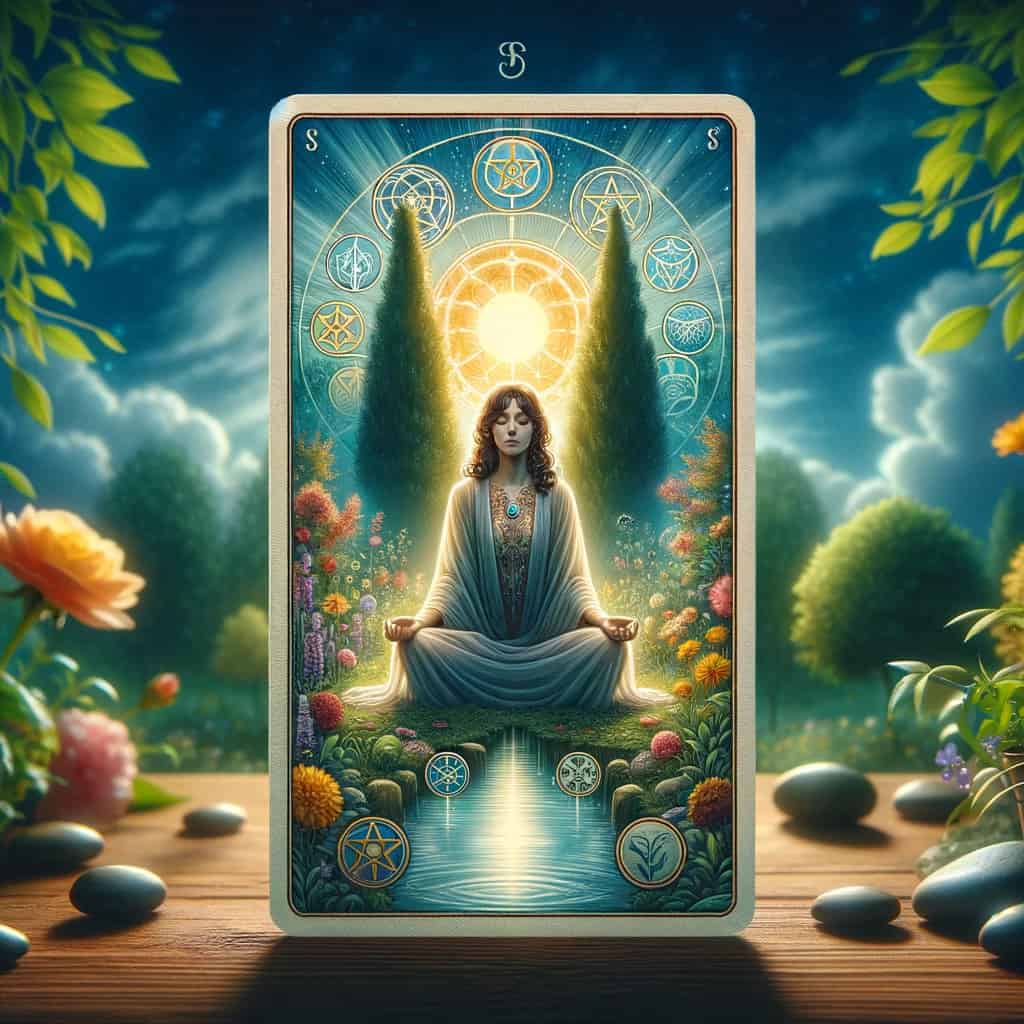 A tarot card showing a serene figure in a meditative pose, seated in a vibrant garden, symbolizing a harmonious inner journey and spiritual fulfillment, with an emphasis on self-reflection and mindfulness.