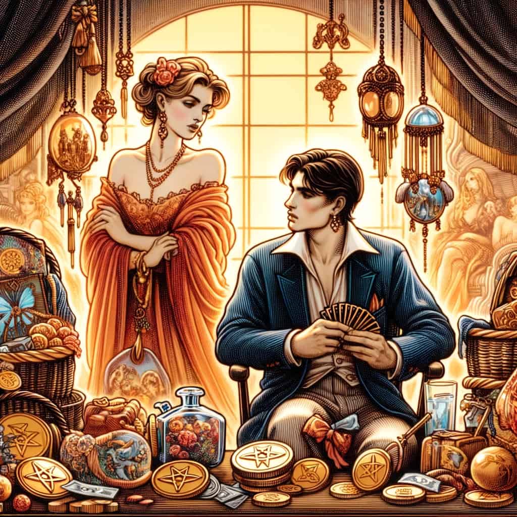 a couple with strained expressions, representing financial issues affecting their relationship, set against a luxurious backdrop.