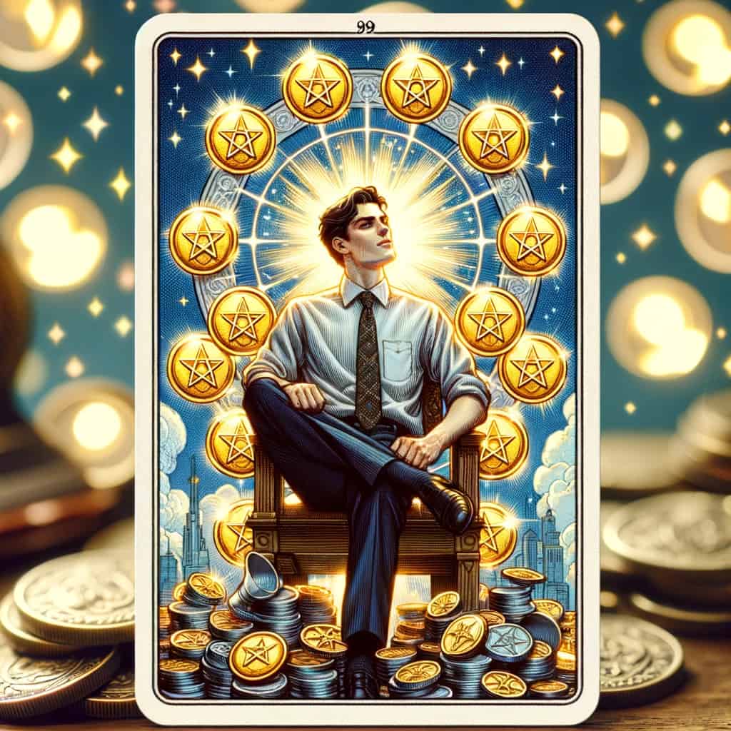 a confident individual with nine pentacles, representing financial success and career stability in a professional setting.