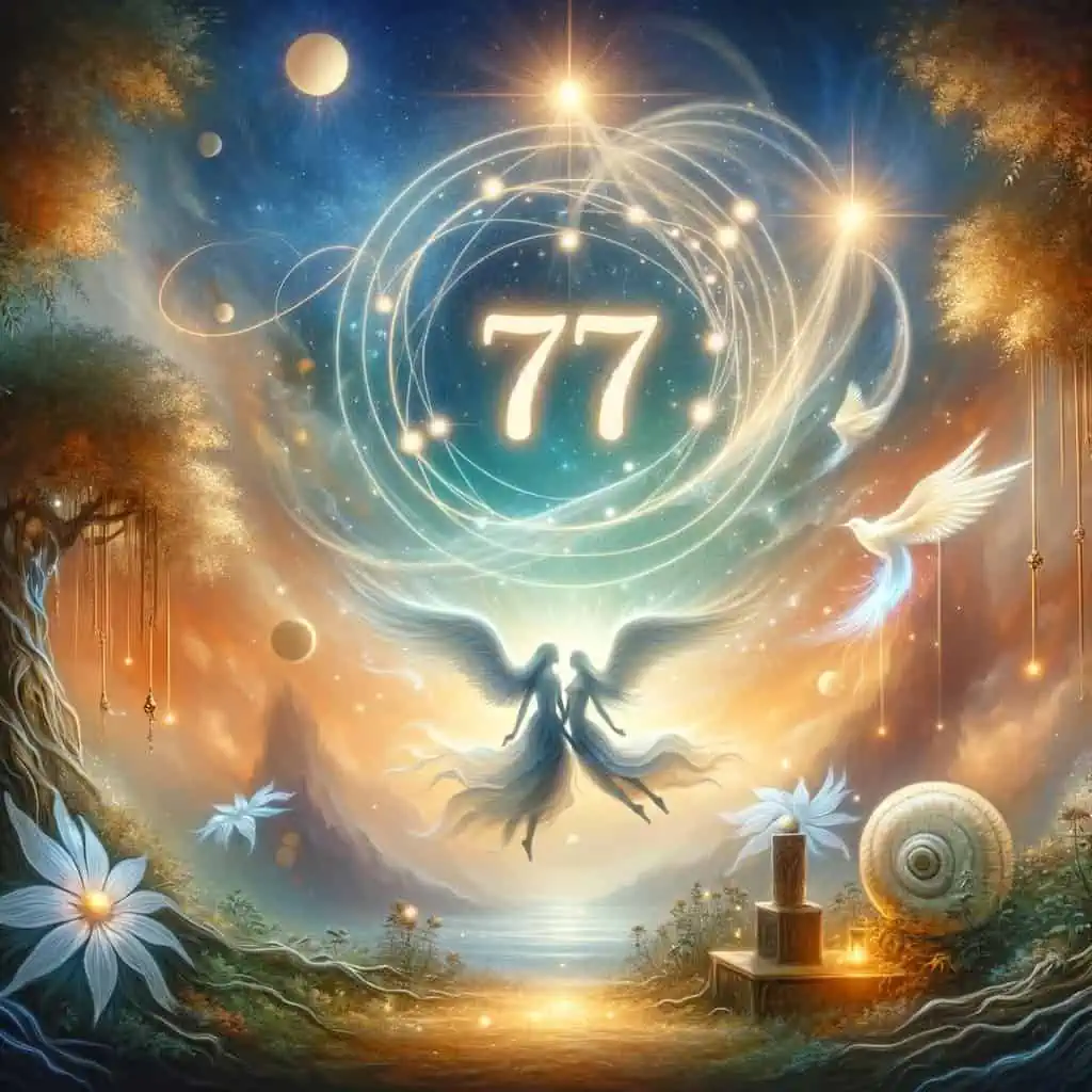 A tranquil and harmonious scene depicting the angel number 77 in a context that signifies its special meaning in twin flame relationships. The number 77 is illustrated with a radiant and spiritual glow, indicating the vibration of spiritual enlightenment.