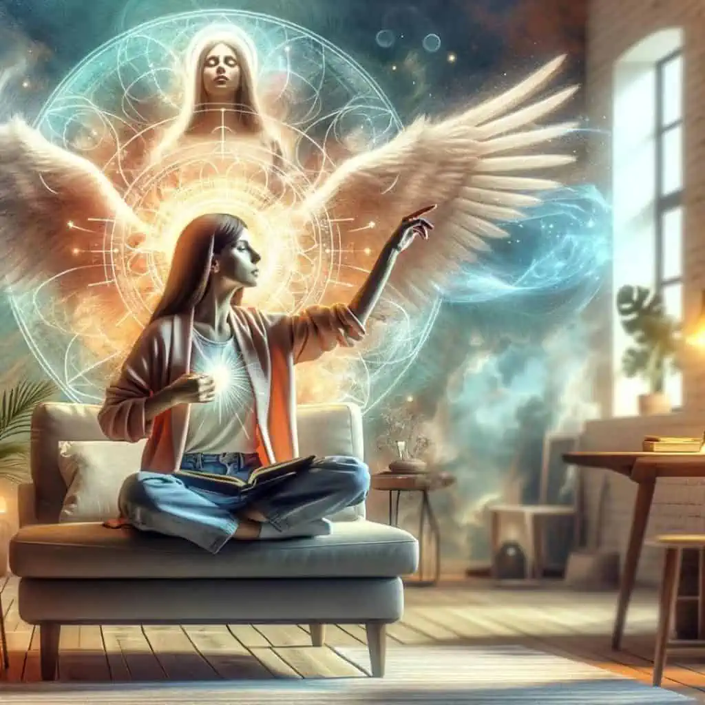 woman in her living room, engaged in the act of manifestation, focused on her goals and aspirations. The scene symbolizes the power of positive thoughts and intentions in shaping reality, embodying the essence of Number 15.