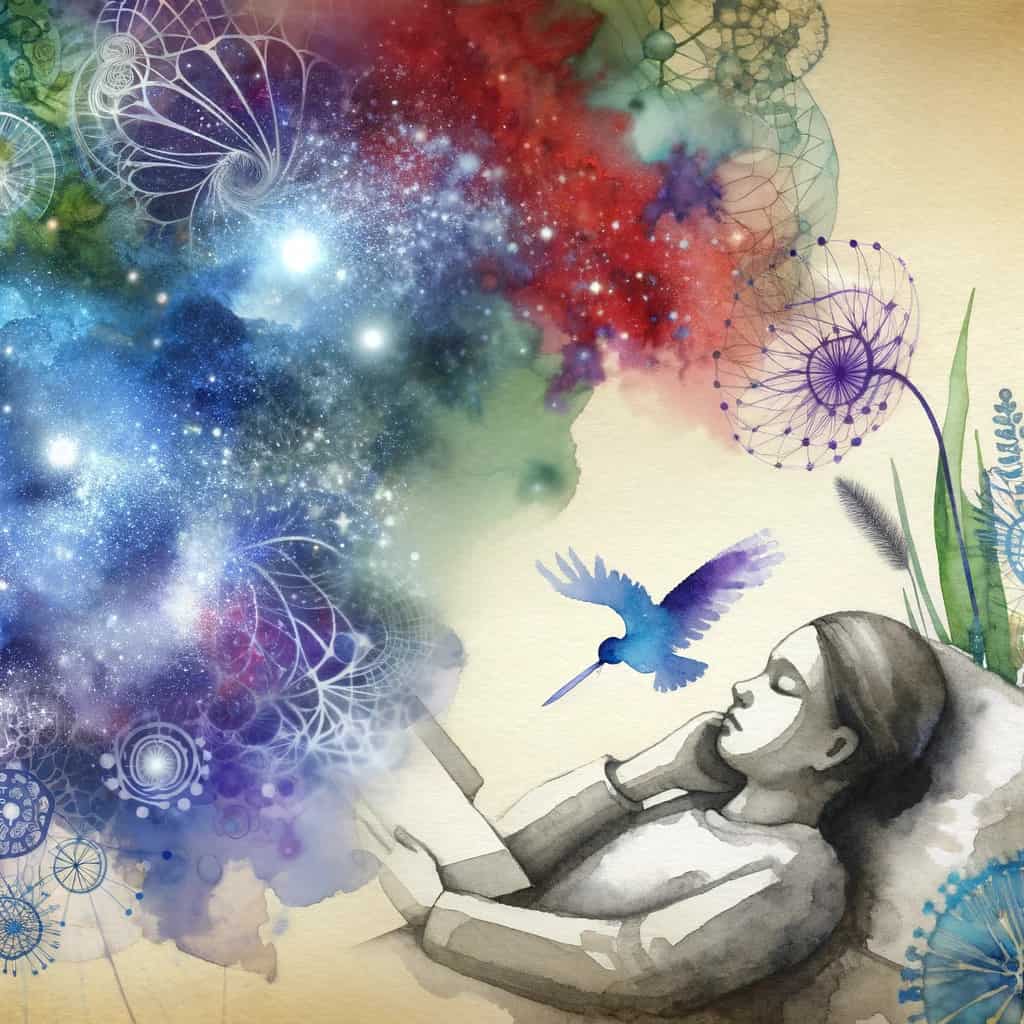 sleeping woman dreaming about a bird