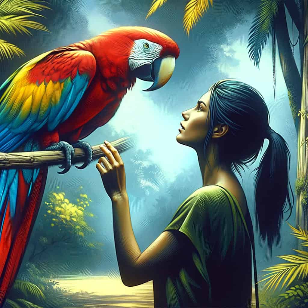 woman seeing a scarlet macaw