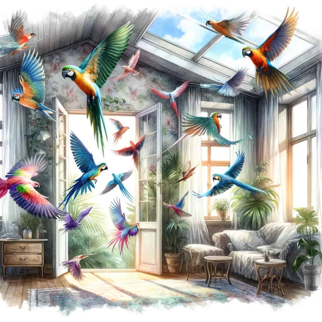 exotic birds flying inside a house