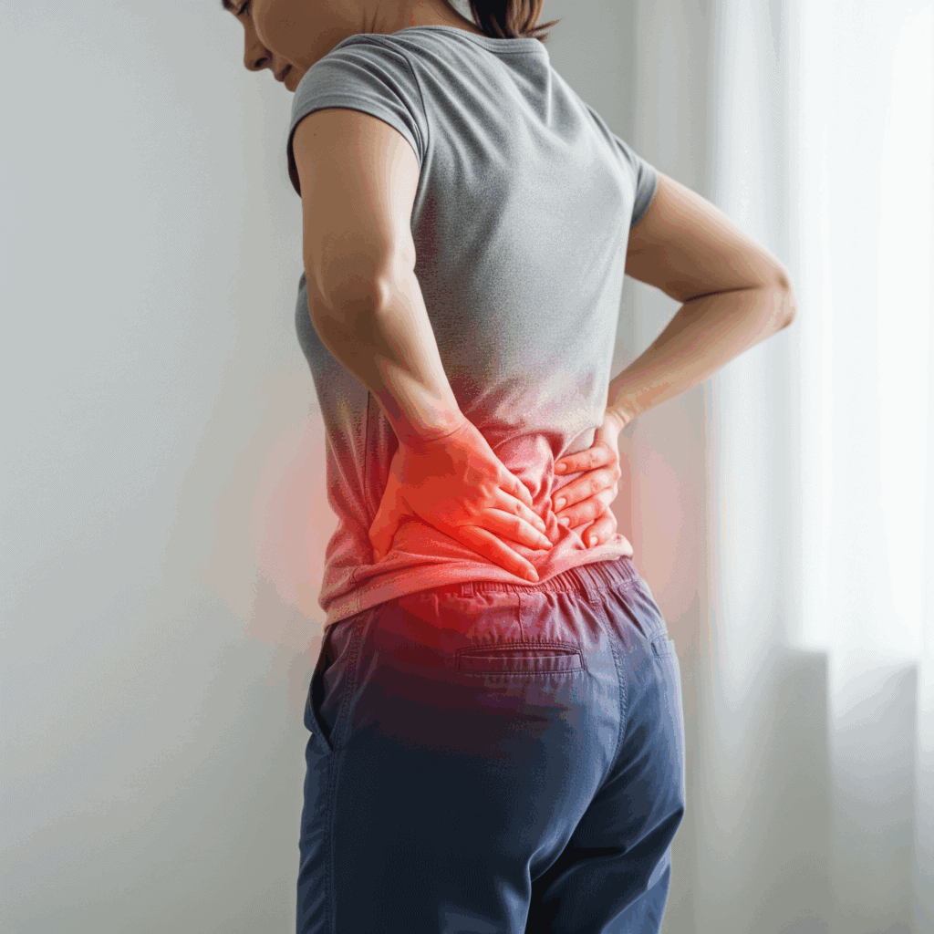 Woman seen from behind, clutching her lower back, with a red glowing area highlighting intense pain.