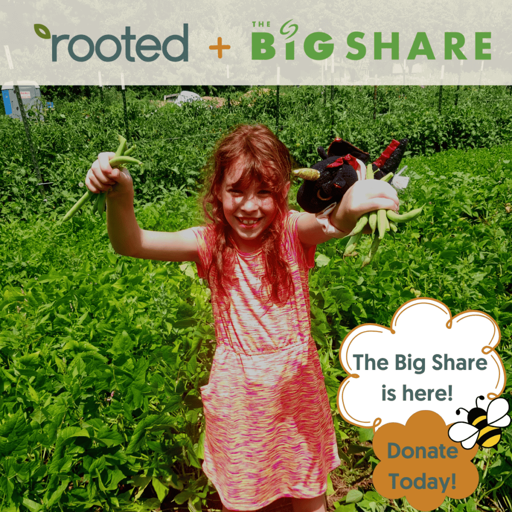 Child with green beans in their hand. Text reads "the big share is here, donate today" with both Rooted logo and The Big Share logo.