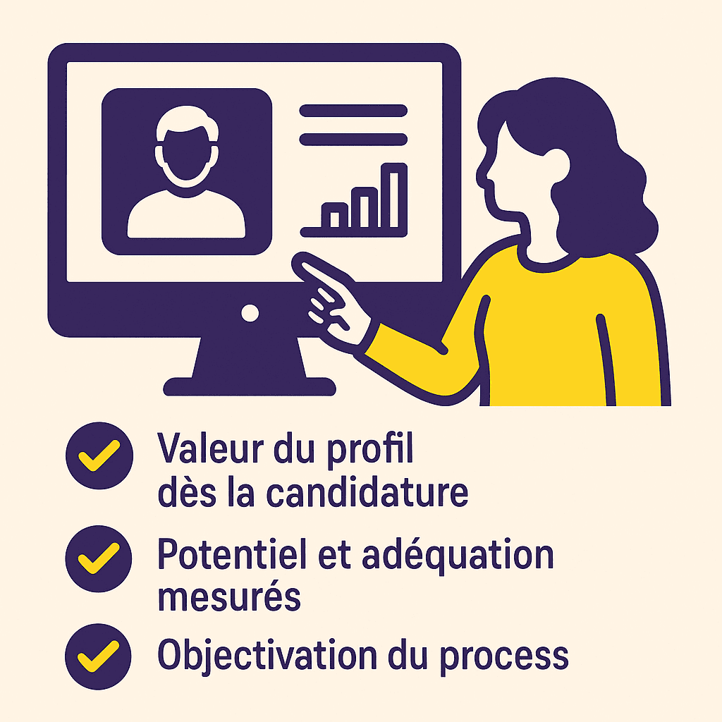 Illustration en flat design montrant une professionnelle RH analysant un profil candidat sur un ordinateur, avec des checkmarks listant les fonctions essentielles d’un ATS moderne.