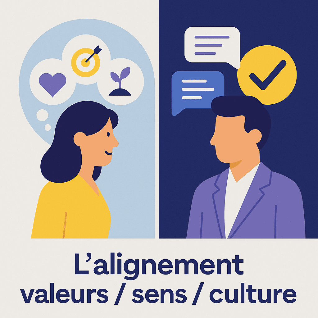 Illustration montrant l’alignement entre valeurs, sens et culture, avec deux profils en interaction et des pictogrammes symbolisant motivations, vision et cohérence.