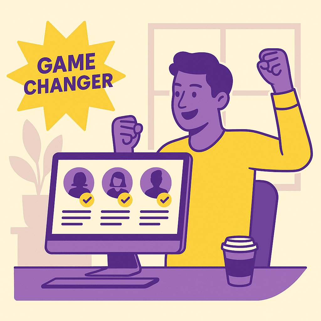Illustration en flat design montrant un recruteur célébrant devant un ordinateur affichant des profils candidats validés, symbolisant l’impact du télétravail comme game changer.