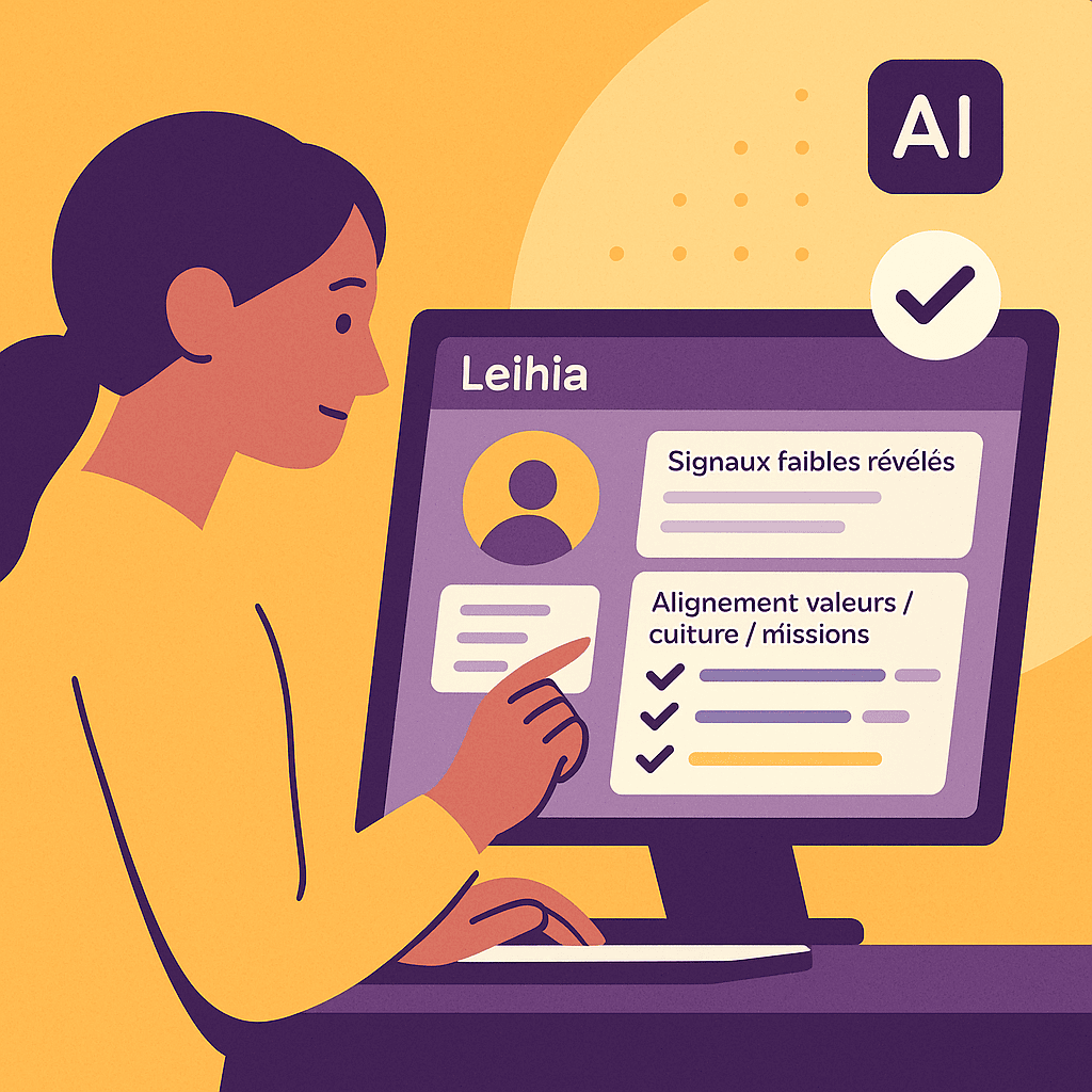Illustration d’une RH utilisant l’ATS Leihia, affichant sur l’écran la révélation des signaux faibles et l’alignement valeurs-culture-missions, dans les couleurs jaune et violet Leihia.