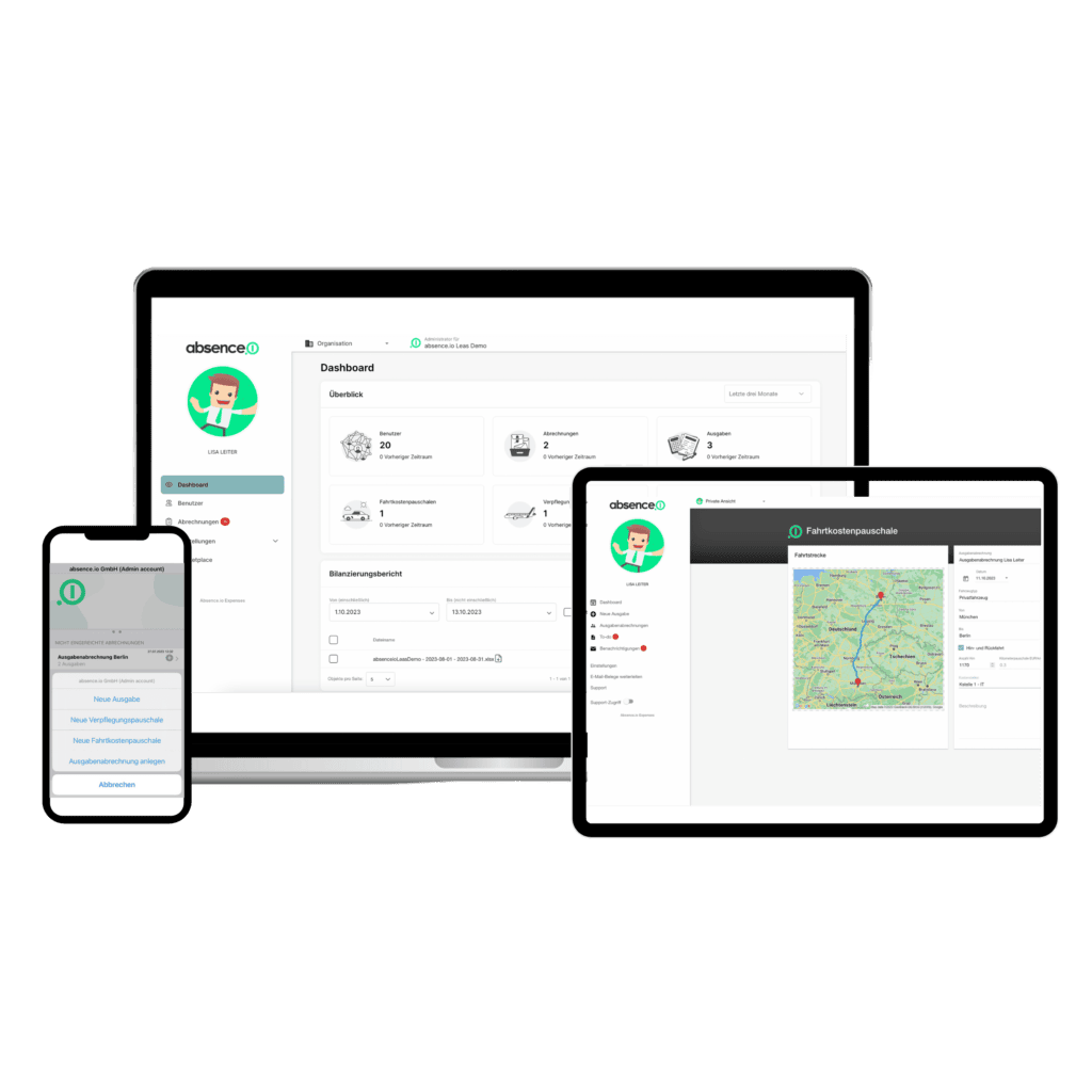 La aplicación de liquidación de gastos de viaje de absence.io en un iPhone, una tableta y un MacBook. En el smartphone se puede ver la función para enviar. En la tableta se muestra un mapa de Google Maps y la función para enviar gastos de viaje. En el MacBook se puede ver una vista de los paneles de administración.