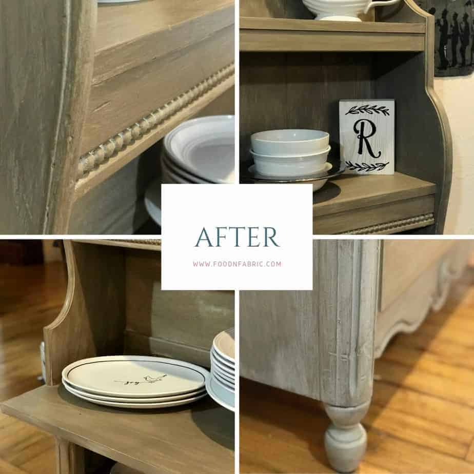 Before and after of hutch; taupe colored with white accents on trim of upcycled desks to dining room hutch