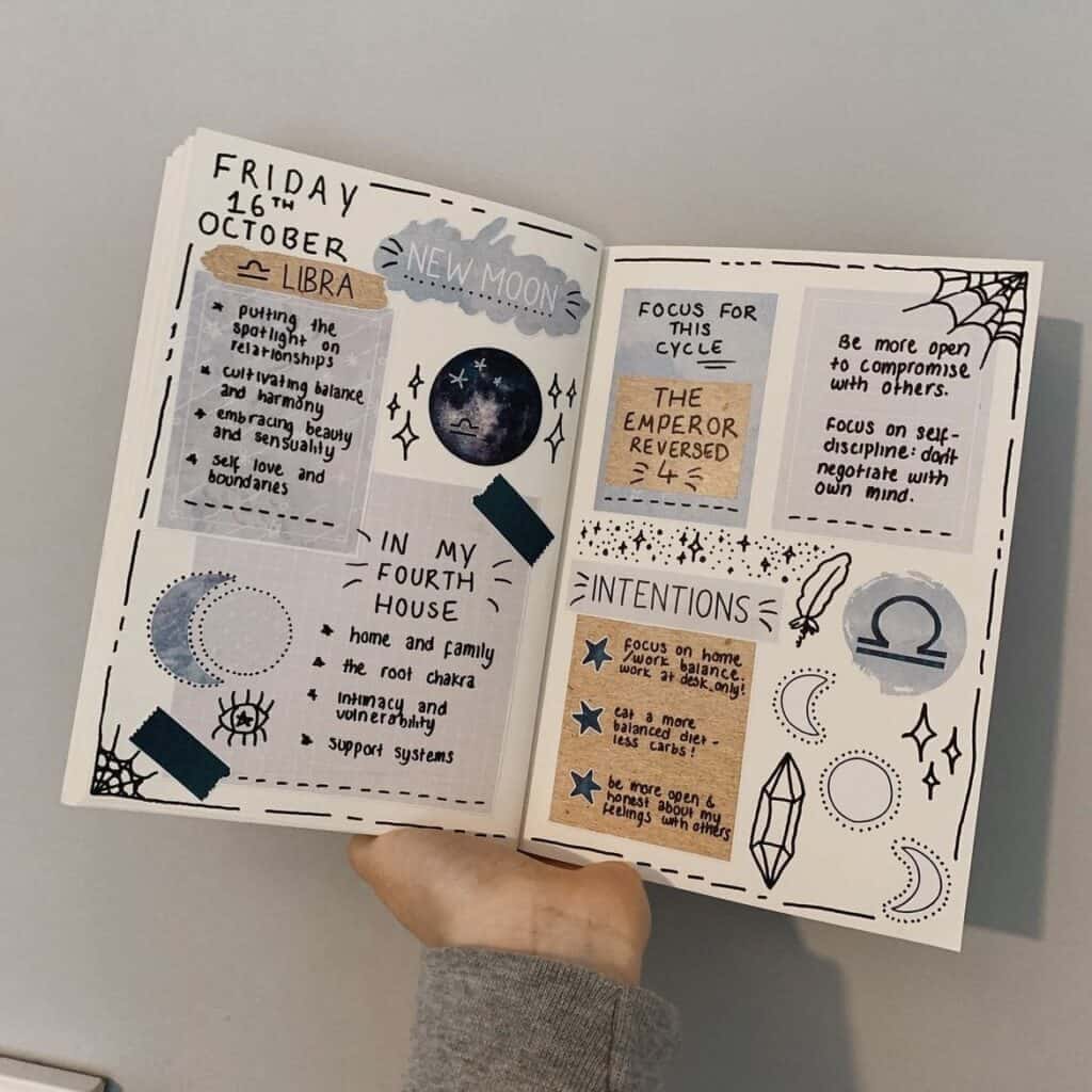 new moon in libra journal spread created by Esther from Through the Phases. Featuring astrological insights, intentions and a tarot card pull