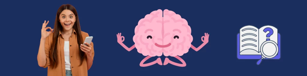 Illustration montrant une adolescente souriante tenant un smartphone, un cerveau cartoon zen et un carnet d’exercices avec une loupe. L’image évoque l’apprentissage actif et détendu grâce aux flashcards, les bienfaits des flashcards sur la mémoire, et l’efficacité des flashcards en ligne pour réviser avec le sourire.