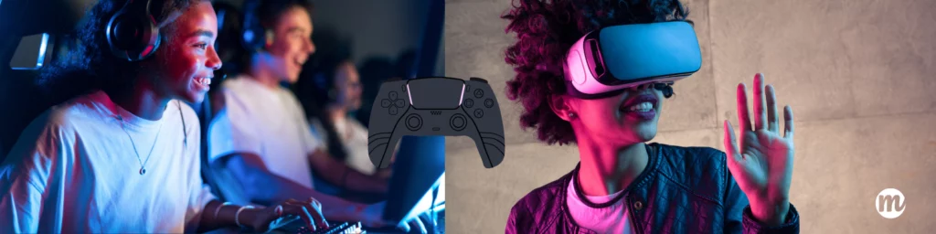 Des adolescents plongés dans l'univers du gaming et de la réalité virtuelle. À gauche, une jeune fille équipée d’un casque et d’un clavier joue à un jeu vidéo sur ordinateur. À droite, une ado découvre une expérience immersive avec un casque de réalité virtuelle. Une manette de console est ajoutée en superposition pour illustrer l'idée cadeau pour ado. Ce visuel met en avant les cadeaux high-tech tendance pour un ado gamer, comme un casque VR, une manette de jeu ou un abonnement gaming. Idée cadeau anniversaire idéale pour un cadeau ado garçon ou fille passionné de jeux vidéo.