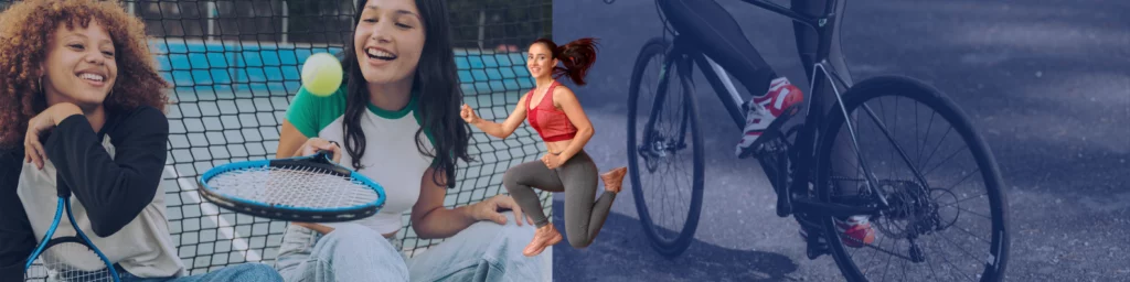 Des adolescentes s’amusant sur un terrain de tennis, illustrant l’idée cadeau pour ado sportif. À droite, un cycliste équipé d’un vélo de route performant et une jeune fille en tenue de sport dynamique ajoutée en superposition. Cette image représente les meilleurs cadeaux pour un ado passionné de sport, comme une raquette de tennis, un vélo haut de gamme, une montre connectée ou un équipement de fitness. Idée cadeau anniversaire idéale pour un cadeau ado garçon ou fille aimant l’activité physique et le dépassement de soi.