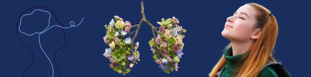 Adolescente profitant d'une respiration profonde, illustrant les bienfaits des techniques anti stress pour surmonter une crise d’angoisse. À gauche, une représentation stylisée du cerveau et des poumons en fleurs met en avant le rôle essentiel de la respiration et de l'anxiété et homéopathie dans la gestion du stress.