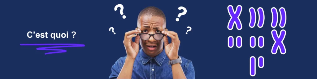 Un adolescent confus observe un schéma de chromosomes sur fond bleu, illustrant un caryotype humain. Cette image évoque la difficulté à comprendre un caryotype sanguin et invite à découvrir la définition du caryotype, utile pour analyser les caryotypes humains au brevet.  