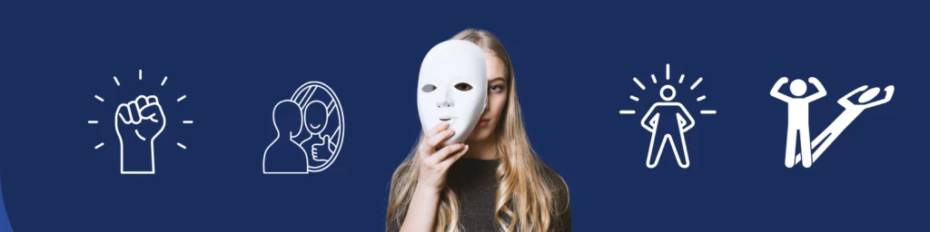 Image illustrant le vocabulaire du théâtre avec une jeune fille tenant un masque blanc, entourée de symboles représentant la confiance en soi, l’expression des émotions et la performance scénique. Cette scène symbolise le langage théâtral, les figures de style exemples et la poésie en prose dans l’univers du théâtre. Parfait pour illustrer un article sur le vocabulaire du théâtre destiné aux collégiens et lycéens.