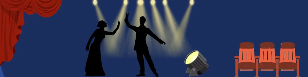 Illustration d’une scène de théâtre avec deux comédiens sous les projecteurs, un rideau rouge et des sièges de spectateurs, représentant le vocabulaire du théâtre, la mise en scène et la performance. Cette image évoque l'univers théâtral, parfait pour apprendre le vocabulaire du théâtre, découvrir des figures de style exemples et explorer la poésie en prose sur scène.