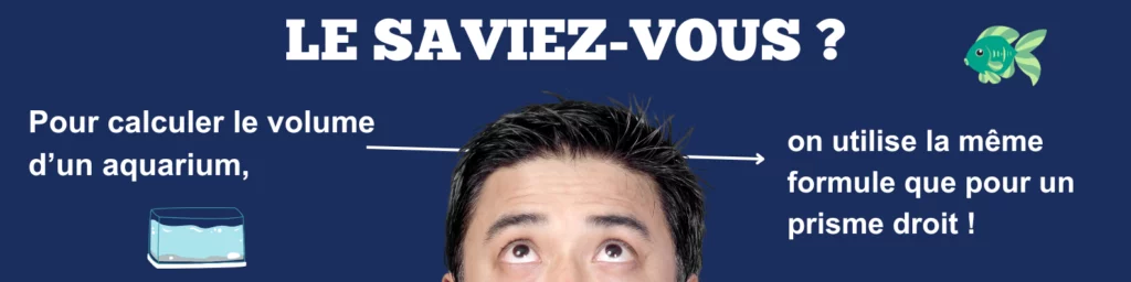 Illustration “Le saviez-vous ?” sur le volume du prisme droit, montrant qu’on utilise la même formule pour calculer le volume d’un aquarium, avec une référence visuelle au prisme droit, au volume du prisme droit, et à l’importance de comprendre la base et la hauteur dans un prisme droit à base rectangulaire.