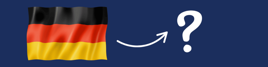 Illustration avec le drapeau allemand flottant à gauche, une flèche blanche vers un point d’interrogation, sur fond bleu. L’image symbolise la question “comment on dit bonjour en allemand” et invite à découvrir les multiples façons de saluer selon les régions d’Allemagne. Visuel parfait pour introduire un contenu éducatif sur bonjour en allemand, encourager les élèves à apprendre une langue rapidement à travers des jeux ou des quiz, et aborder des notions simples comme merci en allemand. Un bon support pour explorer la culture autour du drapeau allemand tout en s’interrogeant sur comment apprendre une nouvelle langue de manière ludique.