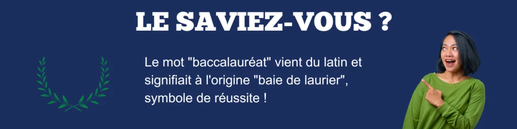 Encadré visuel "Le saviez-vous ?" destiné aux élèves préparant le bac français 2025, illustrant l’origine du mot baccalauréat avec une couronne de laurier, en lien avec les compétences transversales acquises grâce aux exercices sur la trigonométrie, les exercices théorème de Thalès, l’exercice sur la proportionnalité, et les sujets du bac maths 2024.