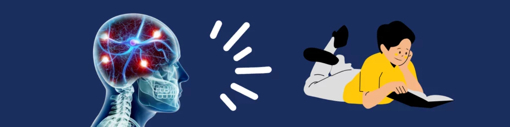 Illustration d’un cerveau en pleine activité cognitive pendant les bonnes vacances, avec un enfant hypersensible qui lit allongé, illustrant les bienfaits de stimuler le cerveau pendant les vacances scolaires 2025 grâce à une activité manuelle été ado, à la lecture ou au jeu des émotions pour bien nourrir son cerveau.