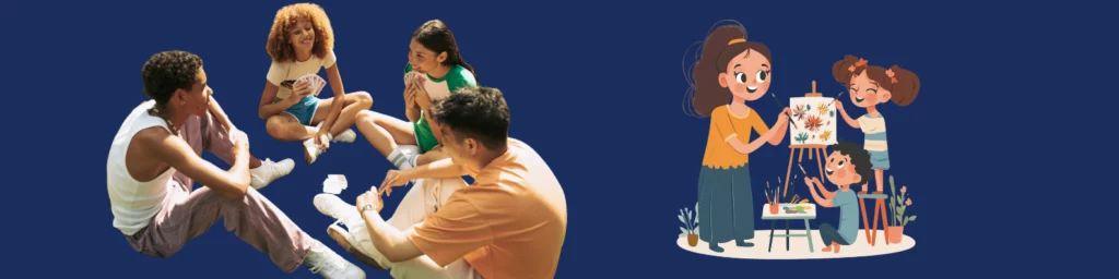 Adolescents en cercle jouant à un jeu des émotions et enfants pratiquant une activité manuelle été ado pendant les bonnes vacances, pour stimuler le cerveau, développer la créativité et accompagner un enfant hypersensible durant les vacances scolaires 2025.